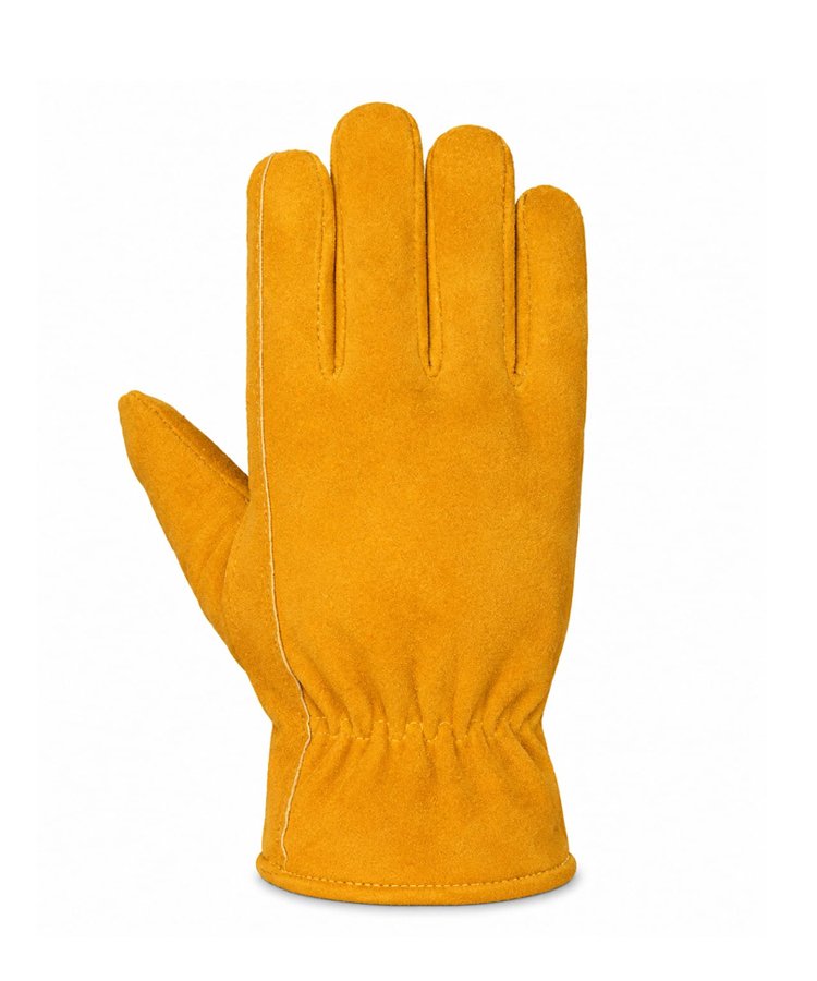 Winter Driver Gloves Yellow Dyed Cowhide Split Leather Fur Fleece Lined Back View Back view of yellow dyed cowhide split leather winter driver gloves with fur fleece lining