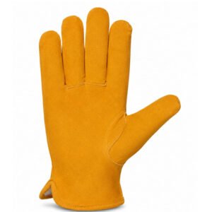 Front view of yellow dyed cowhide split leather winter driver gloves with fur fleece lining