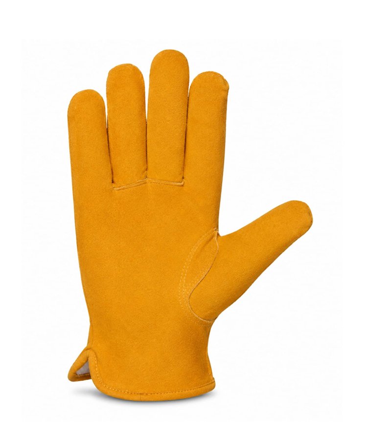Winter Driver Gloves Yellow Dyed Cowhide Split Leather Fur Fleece Lined Front View Front view of yellow dyed cowhide split leather winter driver gloves with fur fleece lining