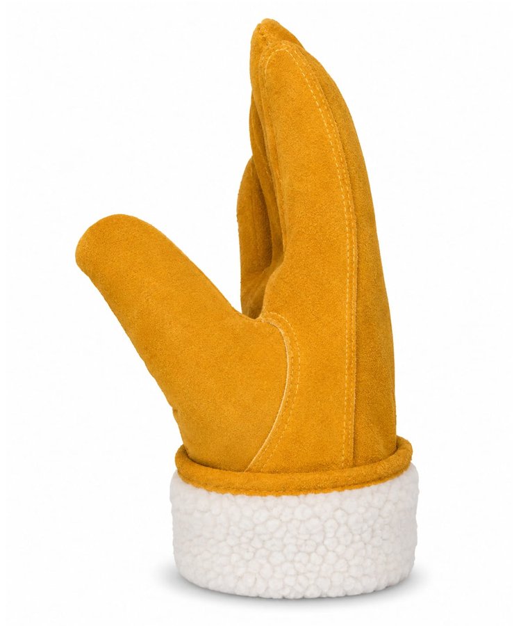 Winter Driver Gloves Yellow Dyed Cowhide Split Leather Fur Fleece Lined Side View Side view of yellow dyed cowhide split leather winter driver gloves with fur fleece lining