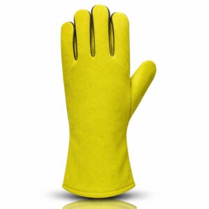 Back view of yellow dyed split leather welding gloves with full finger protection and extended cuff