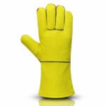 Front view of yellow dyed split leather welding gloves with wing thumb construction and extended cuff