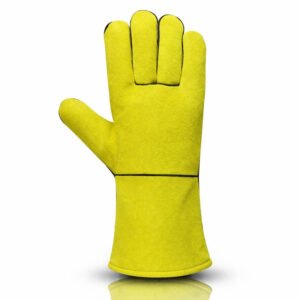 Front view of yellow dyed split leather welding gloves with wing thumb construction and extended cuff